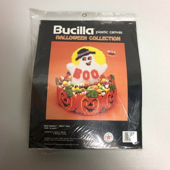 Bucilla Boo Basket Vintage 1990 Halloween Treat Dish Plastic Canvas Sealed Craft - Picture 1 of 7